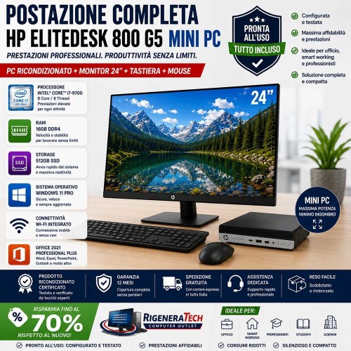 HP EliteDesk 800 G5 Mini PC Intel i7-9700 Ram 16Gb SSD 512Gb (Ricondizionato Grado A) MONITR INCLUSO