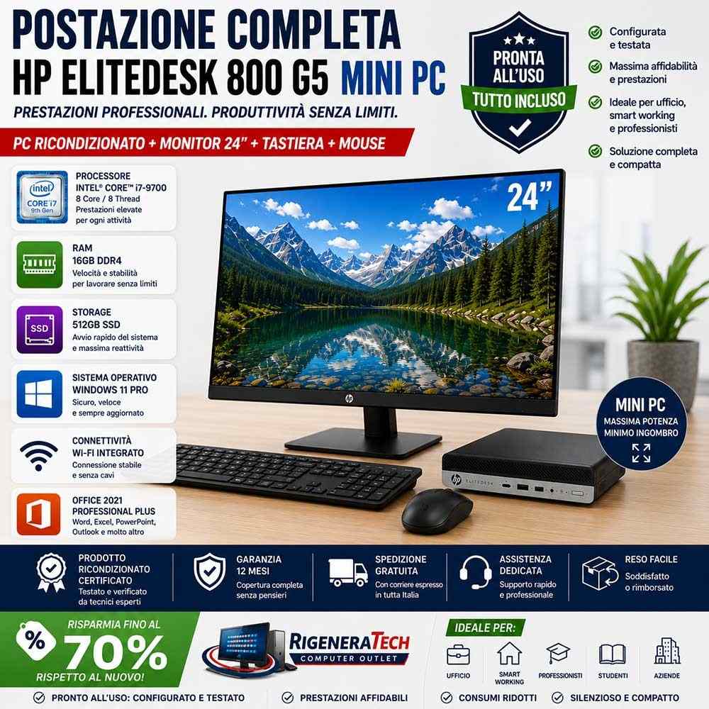 HP EliteDesk 800 G5 Mini PC Intel i7-9700 Ram 16Gb SSD 512Gb (Ricondizionato Grado A) MONITR INCLUSO