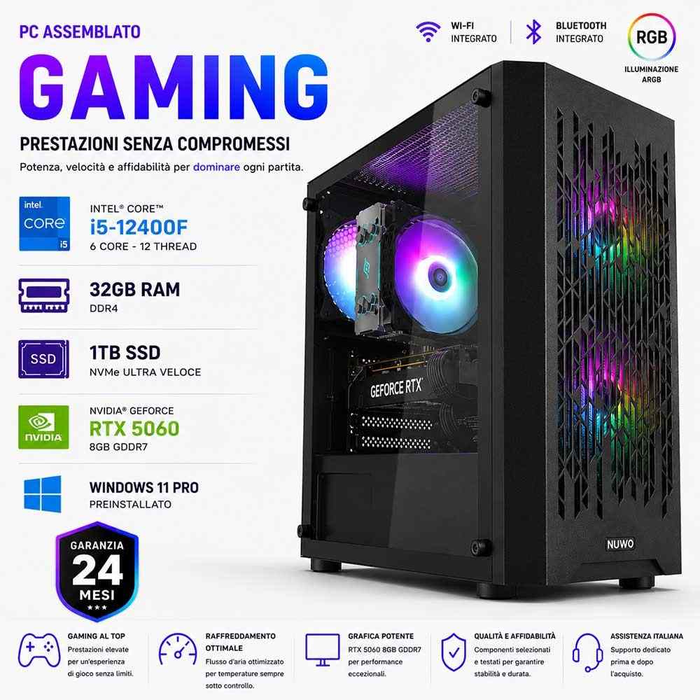 PC Computer Gaming Assemblato Core i5 i5-12400F Ram 32GB SSD 1TB RTX 5060