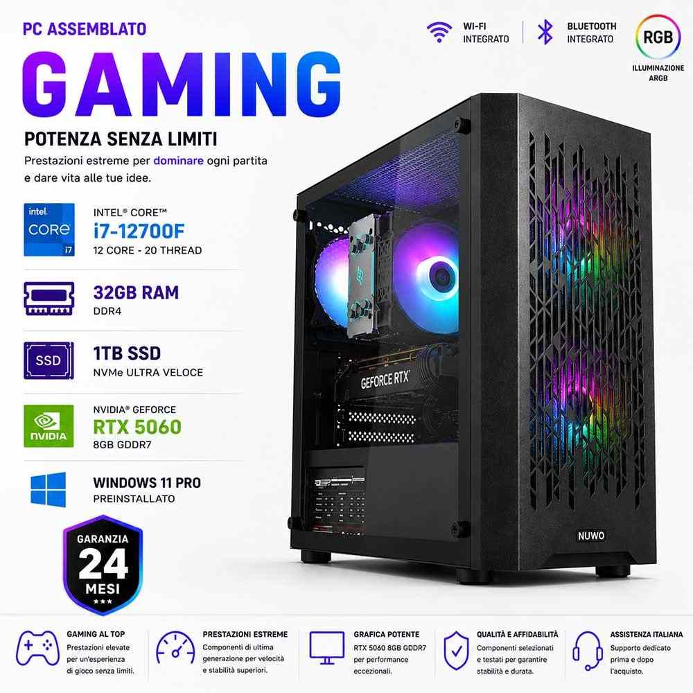 PC Computer Gaming Assemblato Core i7-12700F Ram 32GB SSD 1TB RTX 5060