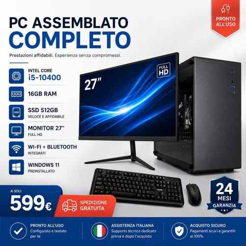 Pc Assemblato Completo I7-10400 RAM 16GB SSD 512GB Windows 11 Monitor 27"