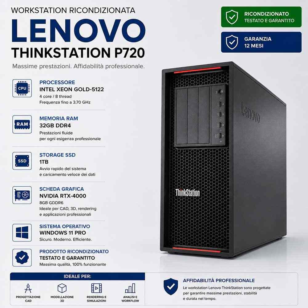 Workstation Ricondizionata Lenovo ThinkStation P720 Xeon Gold-5122 Ram 32GB SSD 1TB Nvidia RTX-4000