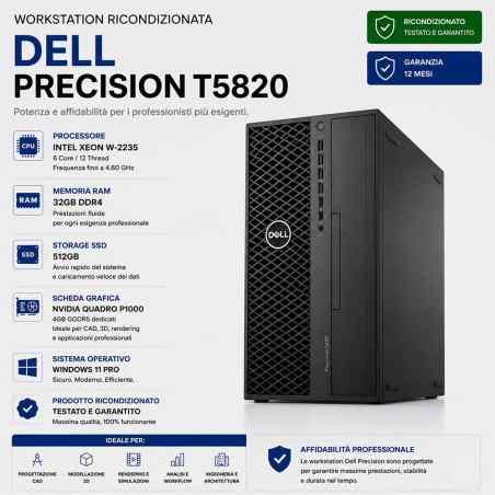 Workstation RICONDIZIONATA DELL Precision T5820 Xeon W-2235 Ram 32GB SSD 512GB NVIDIA QUADRO P1000