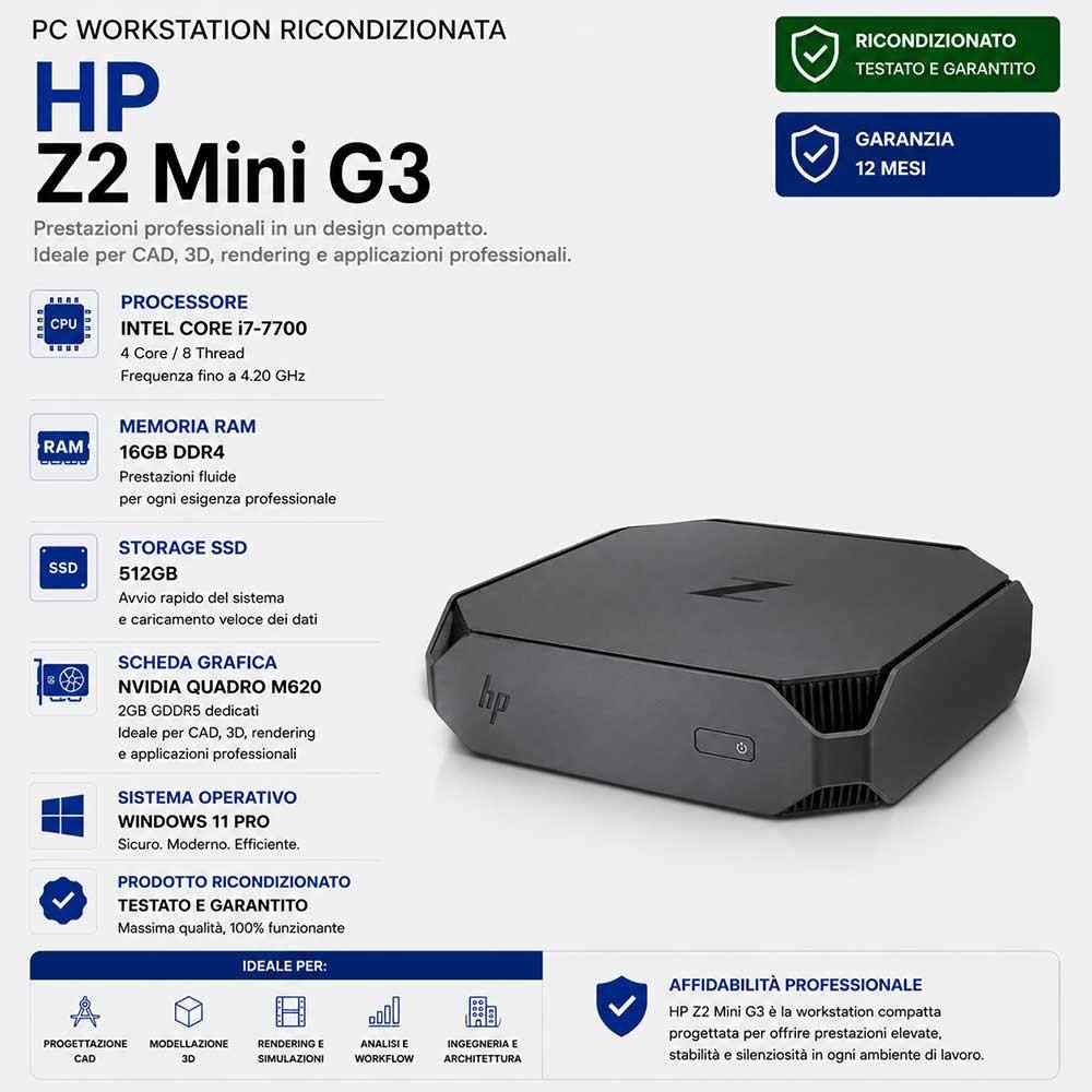 PC Workstation HP Z2 Mini G3 i7-7700 Ram 16GB DDR4 SSD 512GB Quadro M620