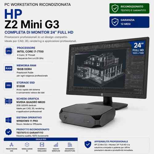 PC Workstation HP Z2 Mini G3 i7-7700 Ram 16GB DDR4 SSD 512GB Quadro M620 Windows 11 Pro + Lcd 24" Full Hd