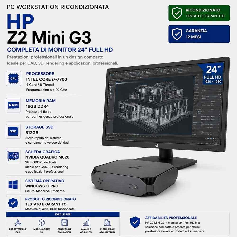 PC Workstation HP Z2 Mini G3 i7-7700 Ram 16GB DDR4 SSD 512GB Quadro M620 Windows 11 Pro + Lcd 24" Full Hd