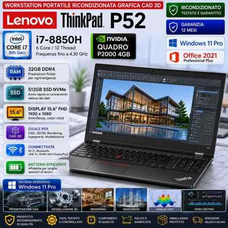 Workstation Portatile Ricondizionata Grafica Cad 3D Lenovo P52 i7-8850H