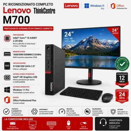 PC Ricondizionato Completo Lenovo ThinkCentre M700 i5 Ram 16GB SSD 512GB WINDOWS 11 PRO + OFFICE + Monitor 24" NUOVO