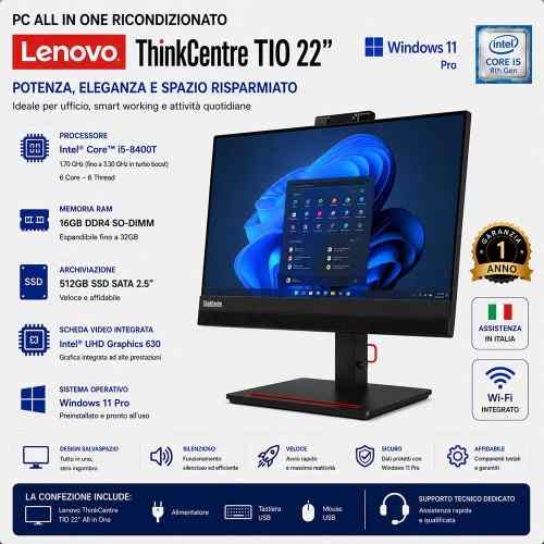 Pc All in One Ricondizionato Lenovo TIO 22" Intel i5-8400T Ram 16GB SSD 512GB