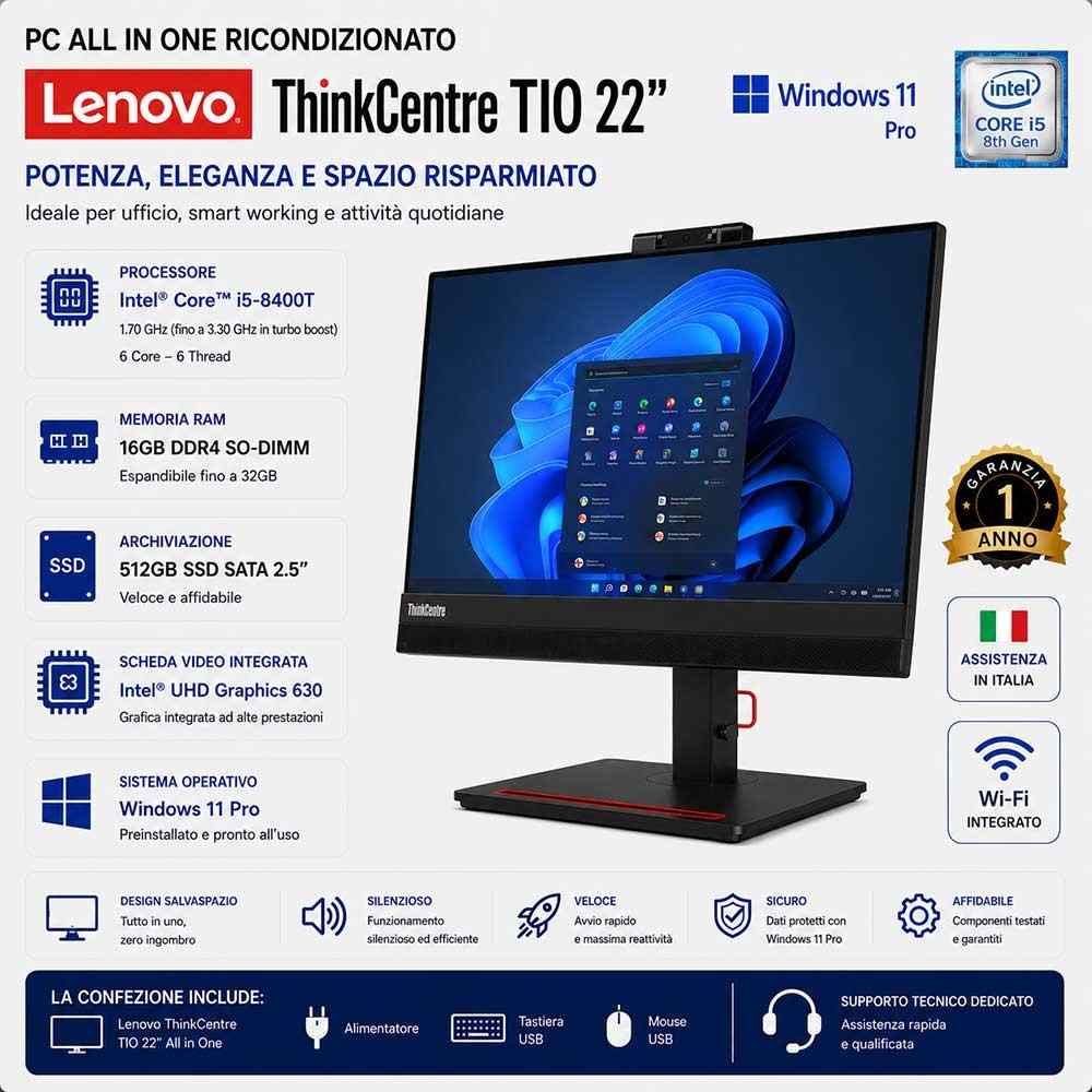 Pc All in One Ricondizionato Lenovo TIO 22" Intel i5-8400T Ram 16GB SSD 512GB