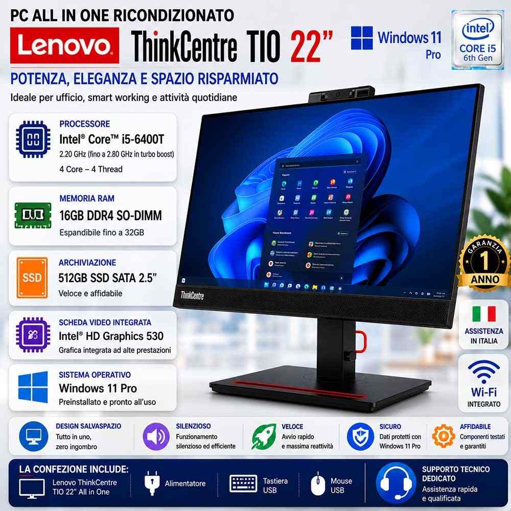 Pc All in One Ricondizionato Lenovo All-In-One ThinkCentre TIO Intel i5-6400T Ram 16GB