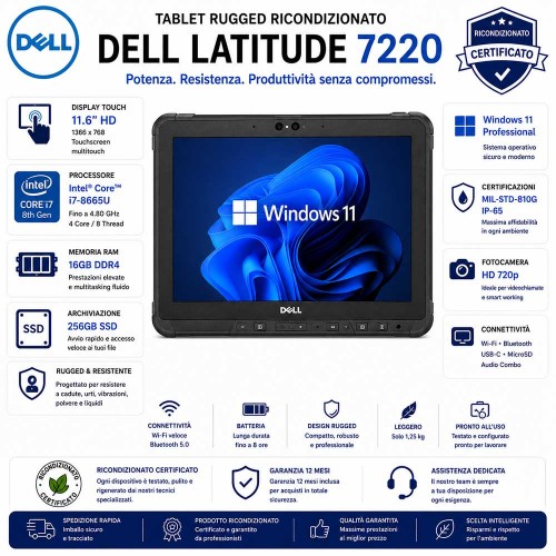 ablet Rugged Ricondizionato DELL Latitude 7220 11.6" Touch i7-8665U Ram 16GB