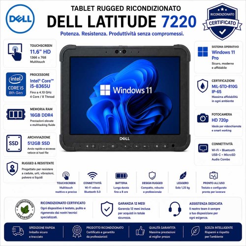 Tablet Rugged Ricondizionato DELL Latitude 7220 11.6" Touch i5-8365U Ram 16GB SSD 512GB