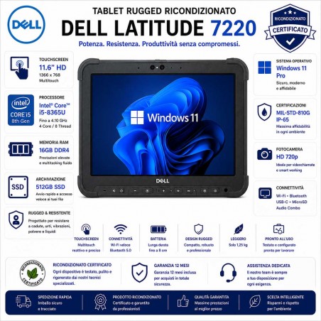 Tablet Rugged Ricondizionato DELL Latitude 7220 11.6" Touch i5-8365U Ram 16GB SSD 512GB