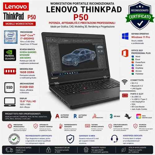 Notebook Workstation Portatile Mobile Ricondizionata Grafica/Cad Lenovo P50 i7