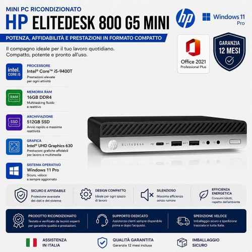 MINI PC RICONDIZIONATO HP EliteDesk 800 G5 Core i5-9400T 16GB SSD 512GB