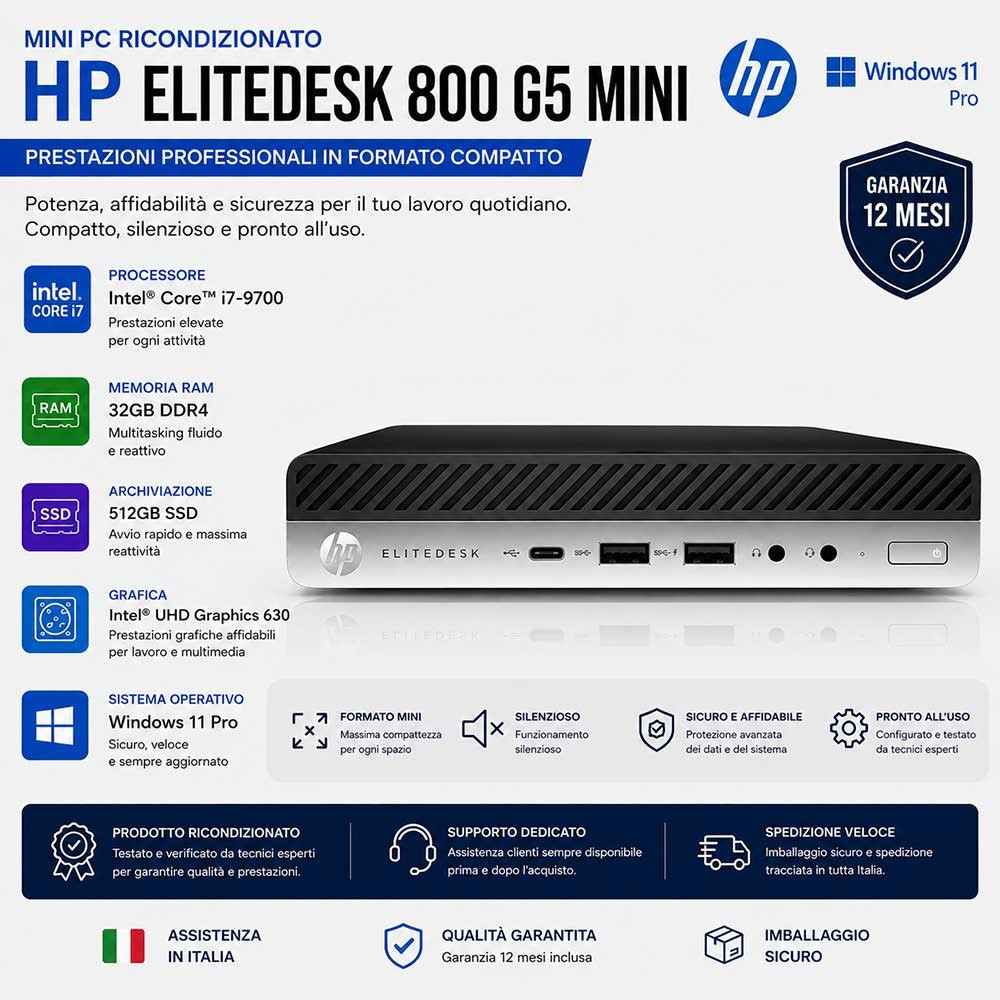 HP EliteDesk 800 G5 Mini PC Intel i7-9700 Ram 32Gb SSD 512Gb (Ricondizionato Grado A)