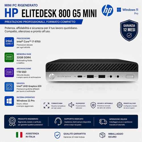 Mini Pc Ricondizionato HP EliteDesk 800 G5 Intel i7-9700 Ram 32Gb SSD 1Tb