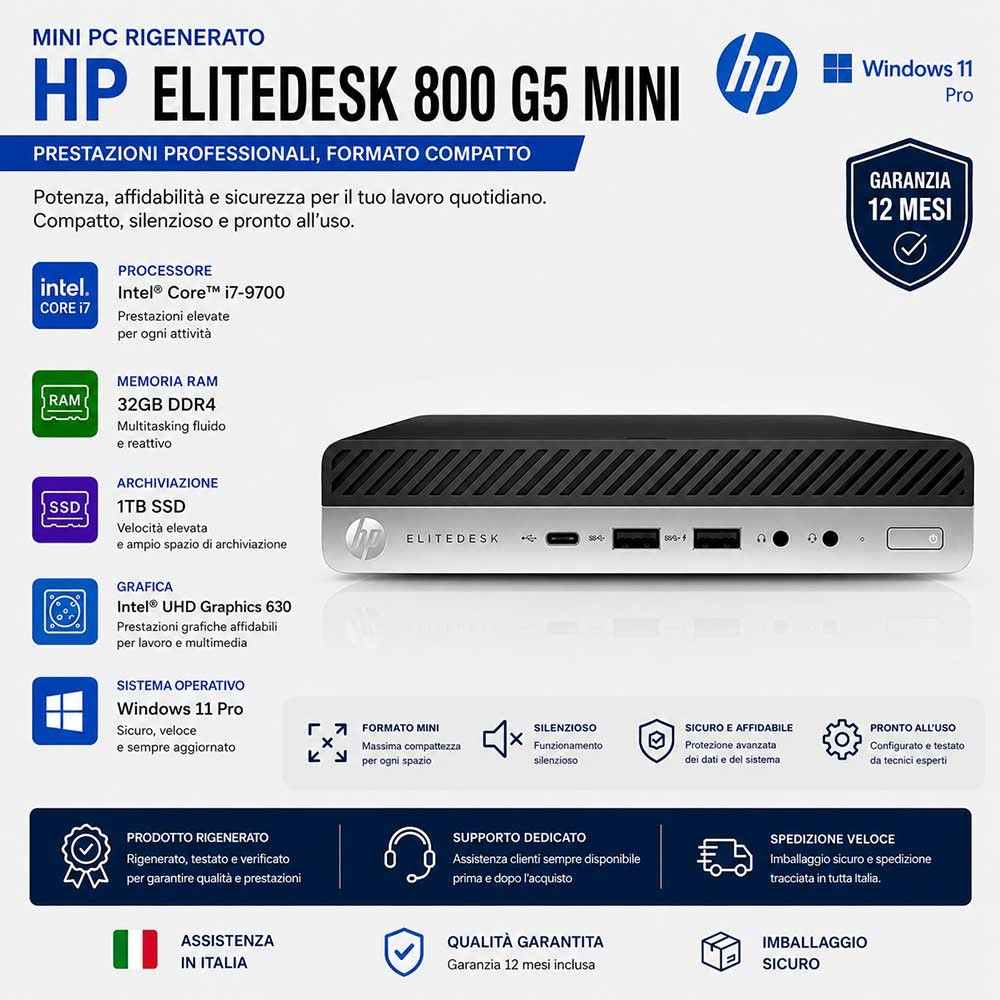 Mini Pc Ricondizionato HP EliteDesk 800 G5 Intel i7-9700 Ram 32Gb SSD 1Tb