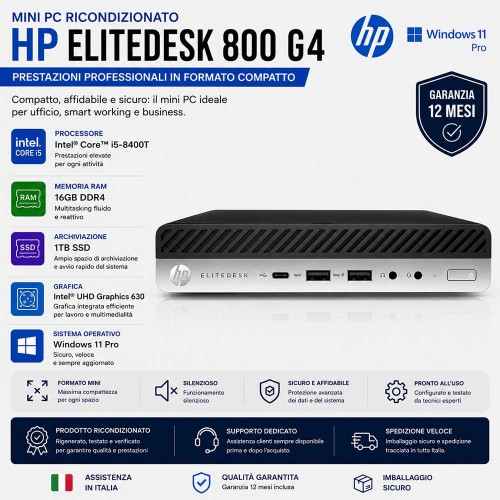 Mini Pc Ricondizionato HP EliteDesk 800 G4 i5-8400T Ram 16GB SSD 1TB