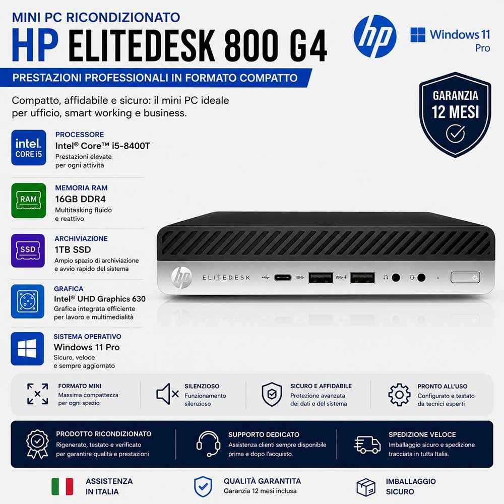 Mini Pc Ricondizionato HP EliteDesk 800 G4 i5-8400T Ram 16GB SSD 1TB