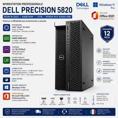 Workstation RICONDIZIONATA DELL Precision 5820 Xeon W-2223 Ram 64GB