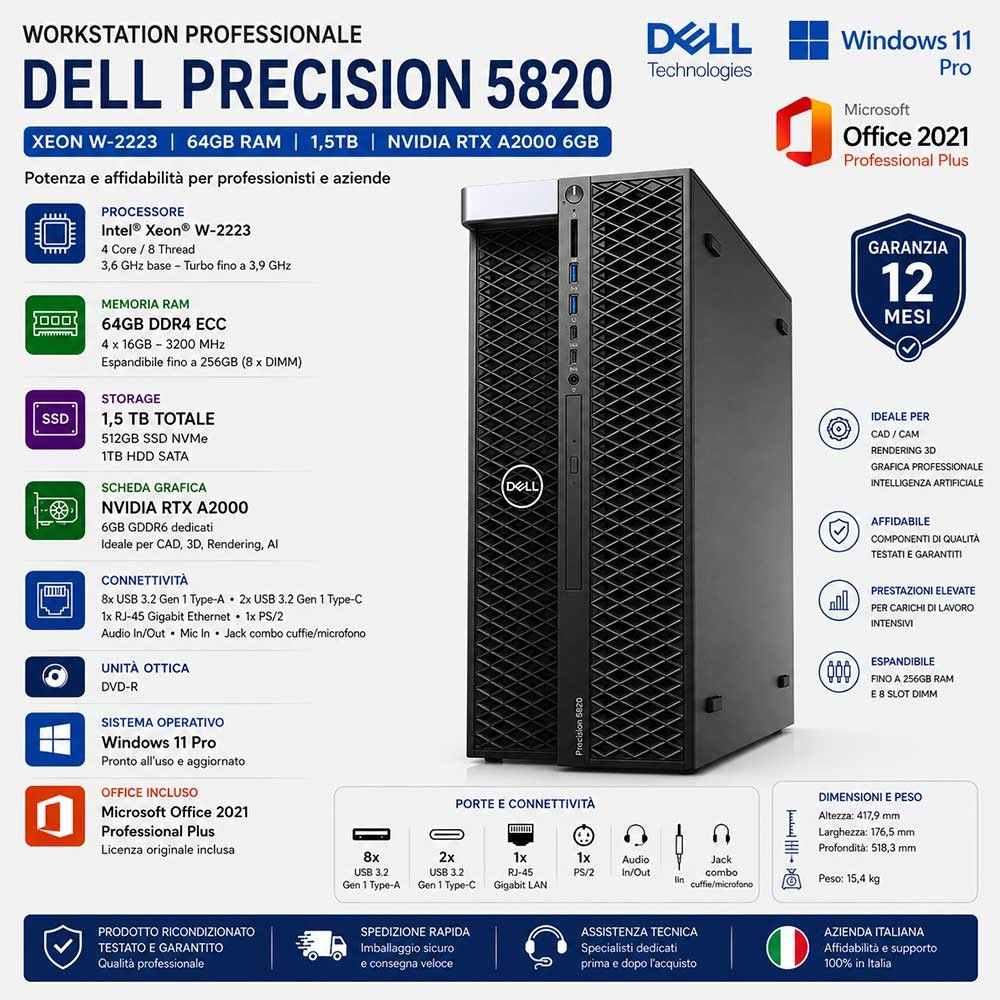 Workstation RICONDIZIONATA DELL Precision 5820 Xeon W-2223 Ram 64GB