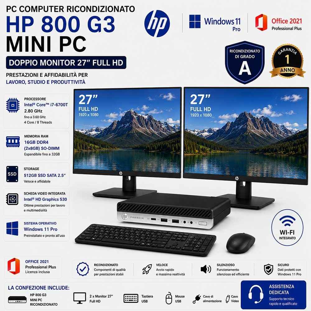 Pc computer completo core i7 ricondizionato doppio monitor 27" office WINDOWS 11