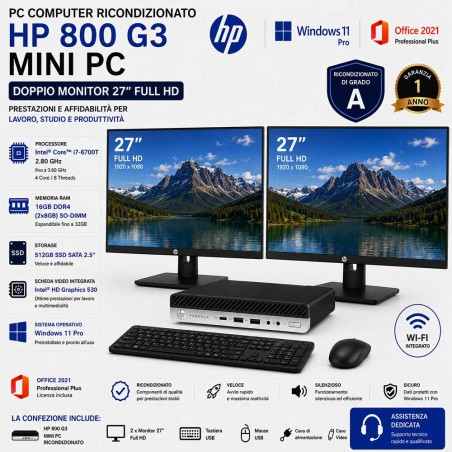 Pc computer completo core i7 ricondizionato doppio monitor 27" office WINDOWS 11