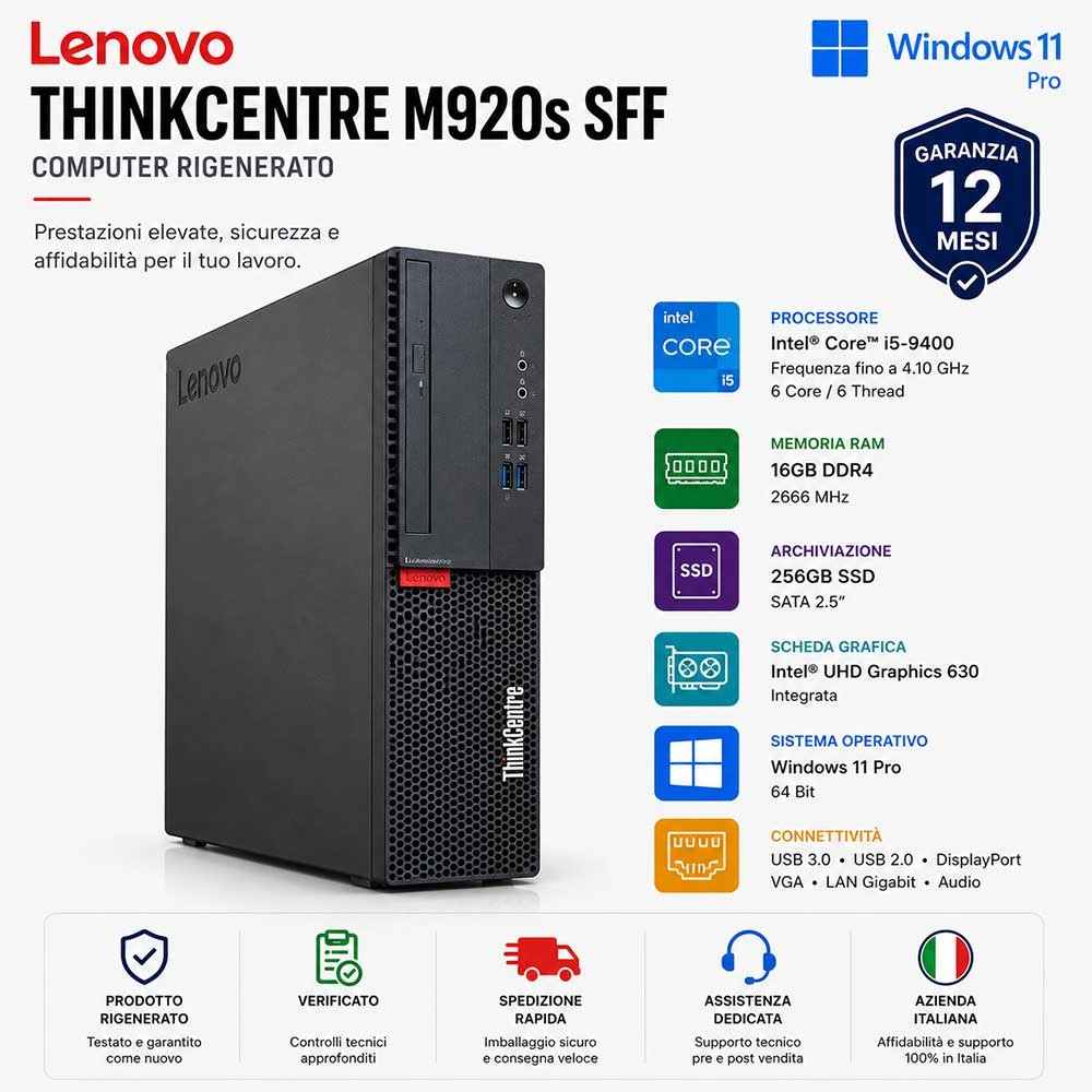 Computer Ricondizionato Lenovo ThinkCentre M920s SFF i5-9400 Ram 16Gb
