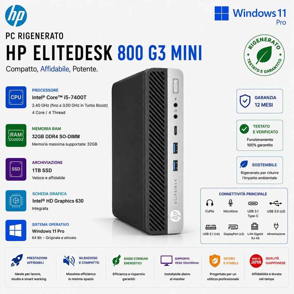 Pc Ricondizionato HP EliteDesk 800 G3 Mini i5-7400T Ram 32GB SSD 1TB