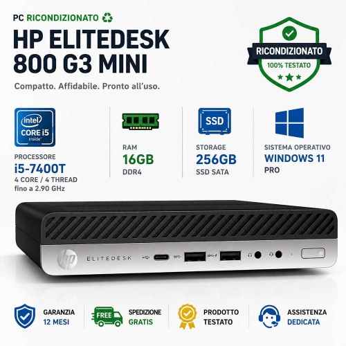 Pc Ricondizionato HP EliteDesk 800 G3 Mini i5-7400T Ram 16GB SSD 256GB