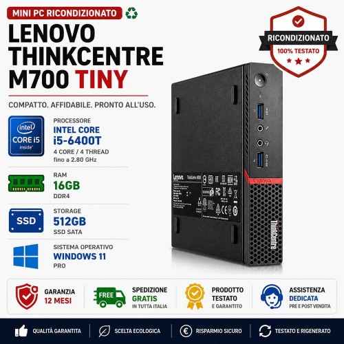 Mini Pc Ricondizionato Lenovo ThinkCentre M700 Tiny i5-6400T Ram 16GB SSD 512GB