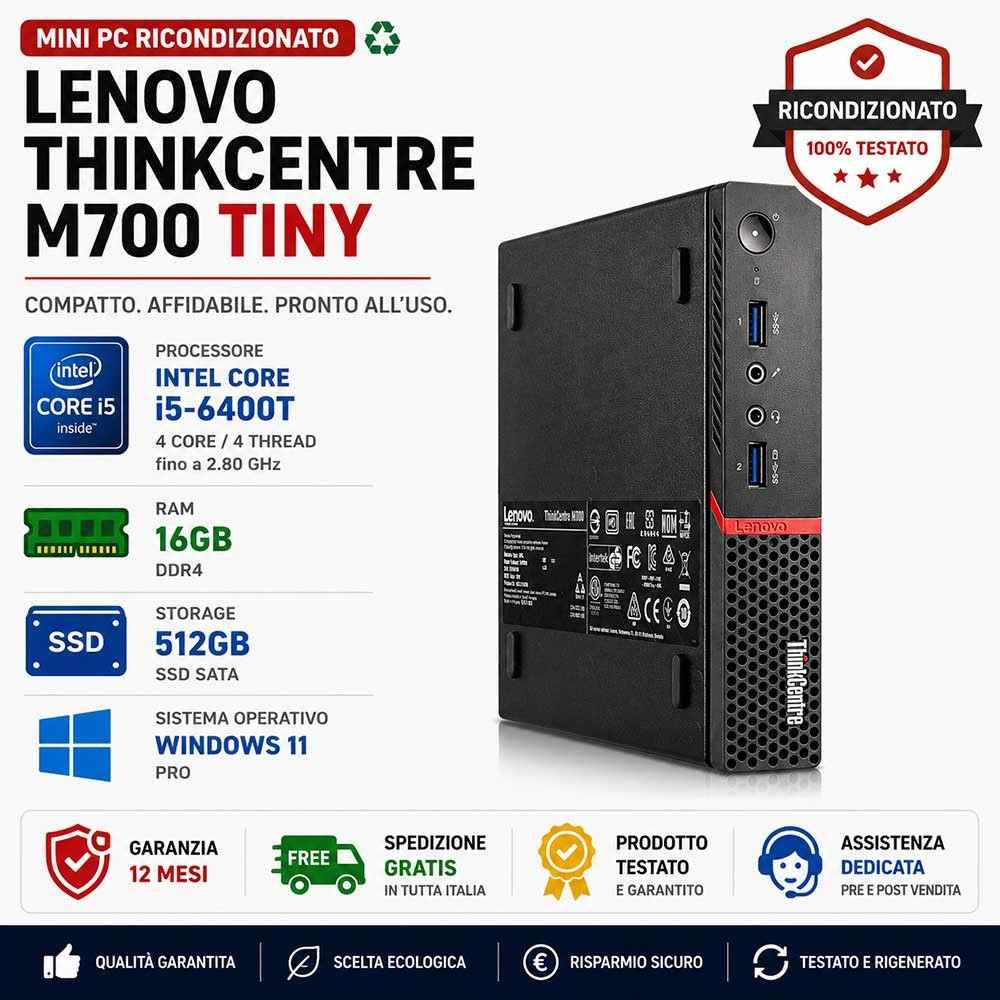 Mini Pc Ricondizionato Lenovo ThinkCentre M700 Tiny i5-6400T Ram 16GB SSD 512GB