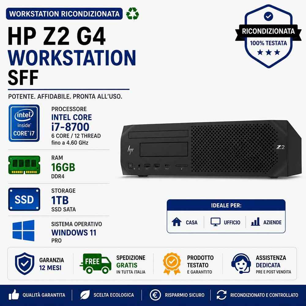HP Z2 G4 Workstation Ricondizionata SFF – Intel Core i7-8700 | 16GB RAM | SSD 960GB | Windows 11 Professional