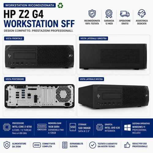 HP Z2 G4 Workstation Ricondizionata SFF – Intel Core i7-8700 | 16GB RAM | SSD 960GB | Windows 11 Professional