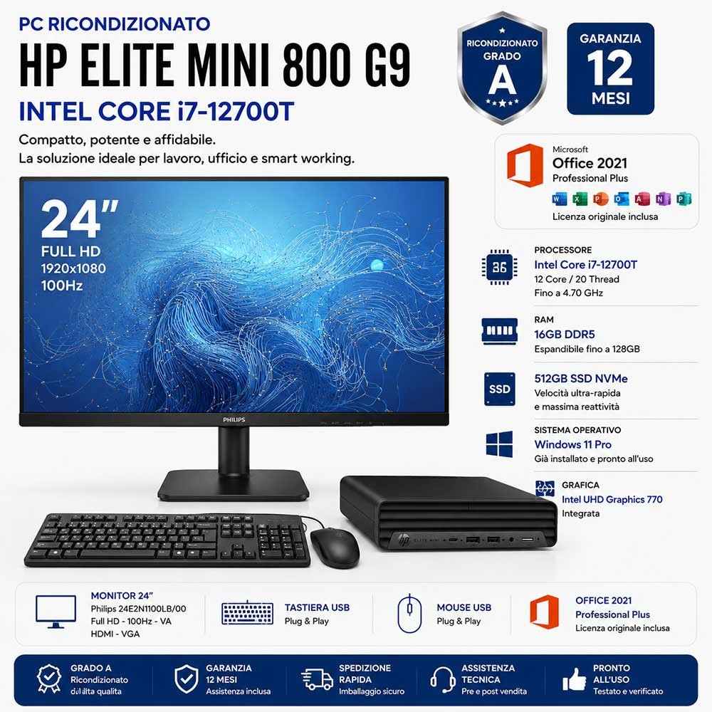 Pc COMPLETO Ricondizionato HP EliteDesk 800 G9 Intel i7-12700T 24"