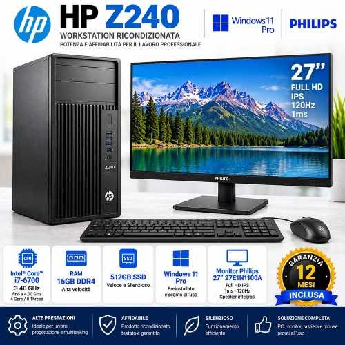 Pc Workstation Ricondizionata Cpmpleta HP Z240 PC Computer Tower i7-6700 + Monitor 27"