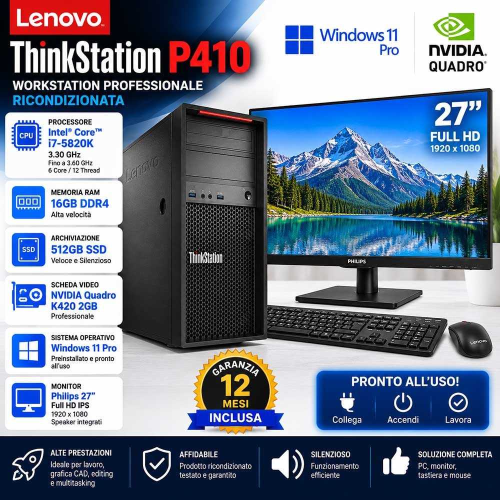 Pc Workstation Ricondizionata Completa Lenovo P410 PC Computer Tower i7-5820K + Monitor 27"