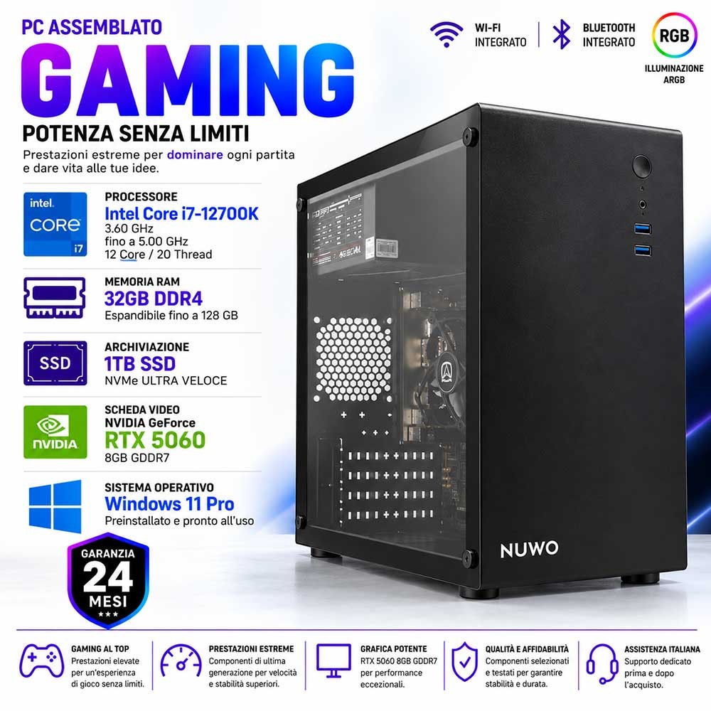 PC Computer Gaming Assemblato Core i7-12700K Ram 32GB SSD 1TB RTX 5060