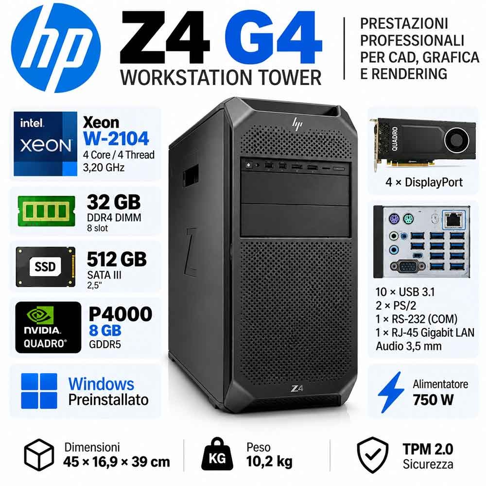 HP Z2 G4 Workstation Ricondizionata TOWER Intel XEON W-2104 P4000