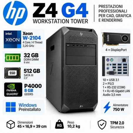 HP Z2 G4 Workstation Ricondizionata TOWER Intel XEON W-2104 P4000
