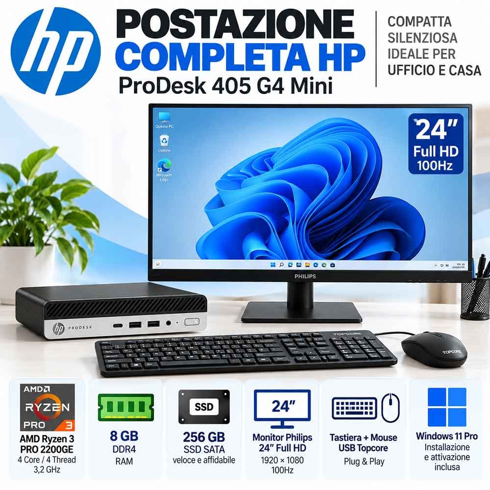 Pc COMPLETO Ricondizionato HP ProDesk 405 G4 RYZEN 3 PRO LCD 24"