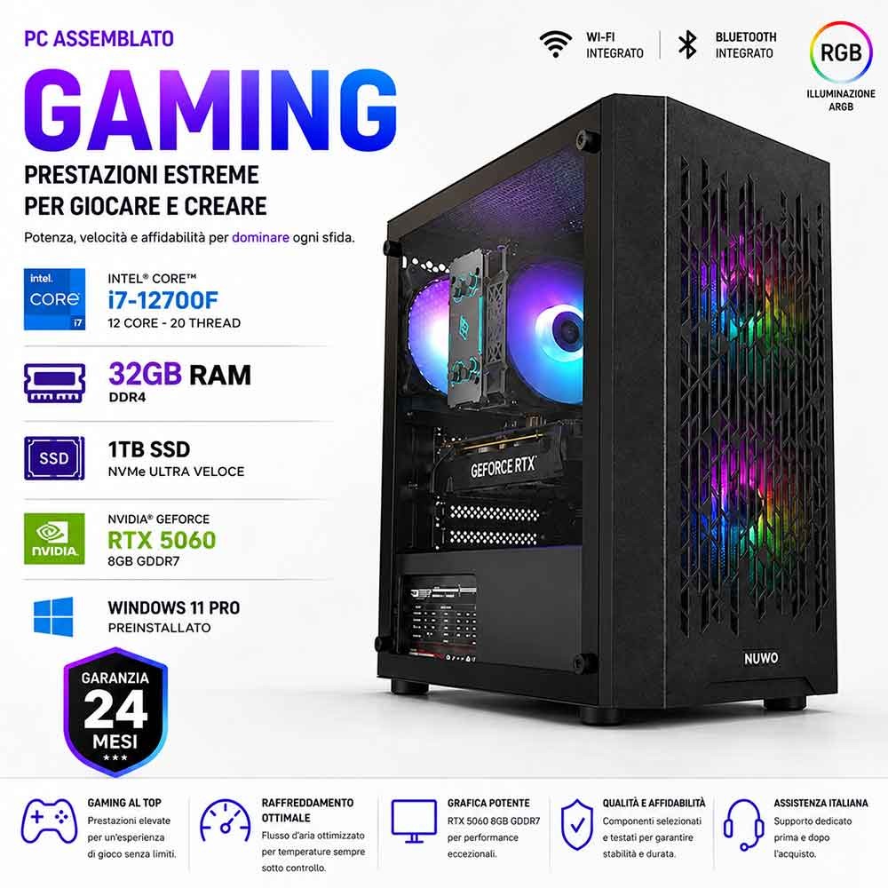 PC Computer Gaming Assemblato Core i7-12700F BLACK RTX5060 32GB 1TB